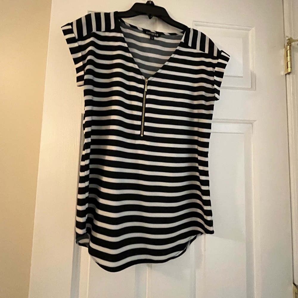 Express Zippered Black and White Striped Blouse